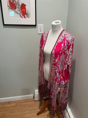 Chico's Pink Multi-Color Printed Fringed Wrap
